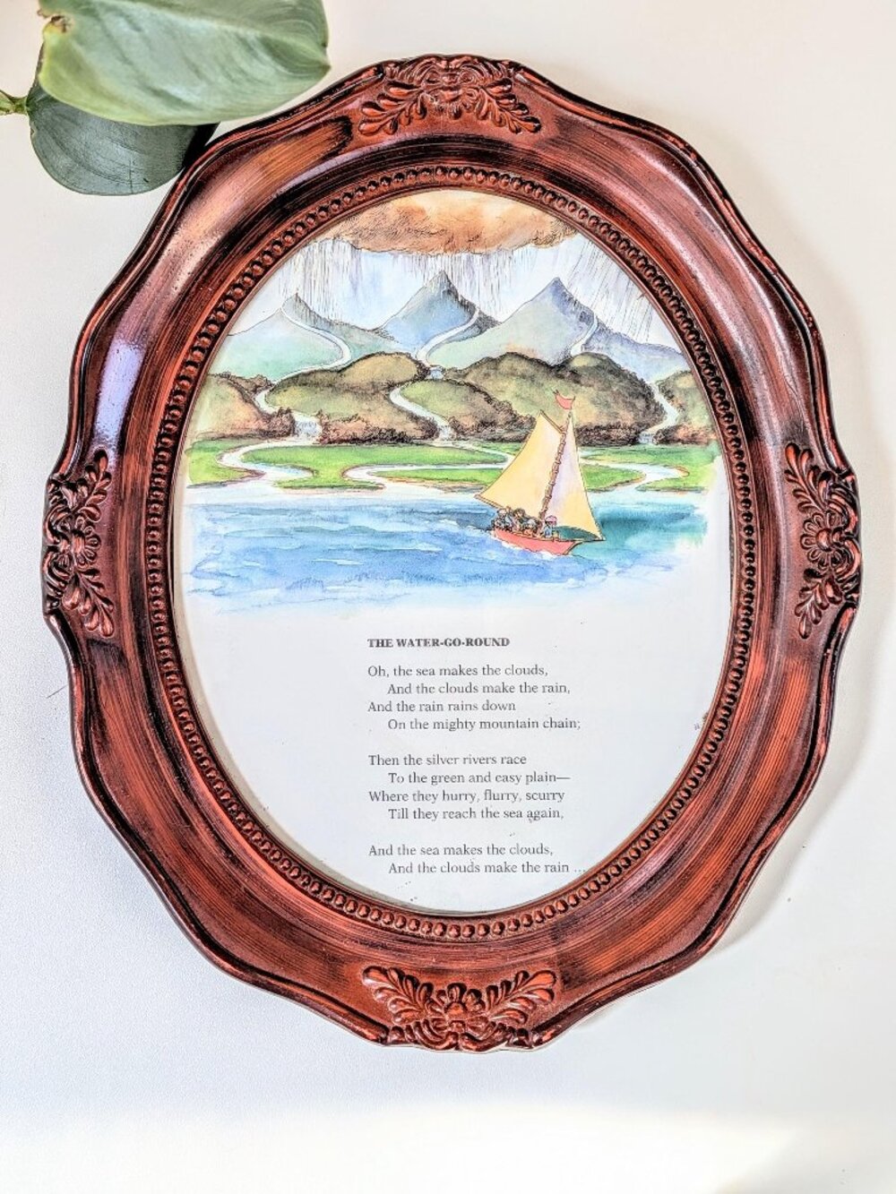 3/$75✨Vintage Book Illustration & Poem in Wooden Oval Frame — 30 x 20 cm